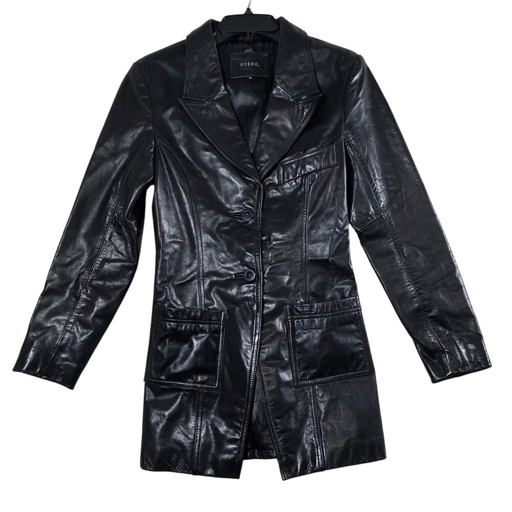 Guess Leather Blazer Womens S Black Button Front Long Sleeve Jacket Preppy Glam